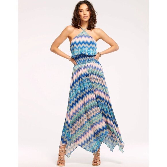 NWT Ramy Brook Giana Chevron Print Halter Maxi Dress Handkerchief Hem, Size M - Picture 9 of 14